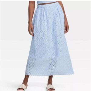 Universal Thread Baby Blue Eyelet Midi Skirt Lined Elastic Waist S25
